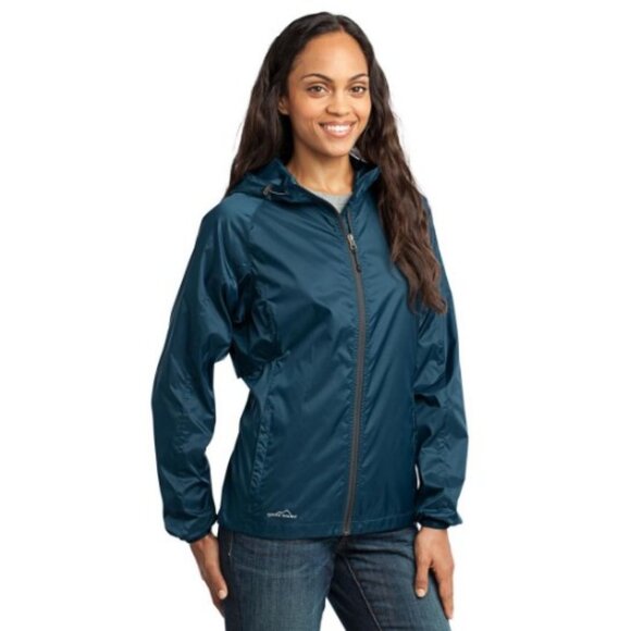 Eddie Bauer Womens Packable Wind Jacket Size M Blue Teal Outdoor Hooded Vented - Picture 1 of 13